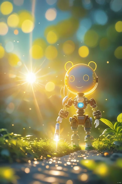 (La Highest quality,High resolution,Super detailed,practical),Abandoned old robot，covered with plants，The sun shines on me（ （（sunrise））），Bright warm colors（ （（A masterpiece filled with the elements of the sun）））， （（Highest quality））， （（Intricate details））（...