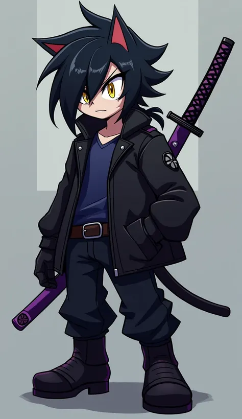 Create a Sonic-style character, whisper species being male gender with short and long hair, a little spiky, black, covering the face a little on the left side and with a ponytail, yellow  eyes, eyes large, Jaketa Black jacket with dark blue shirt, black gl...