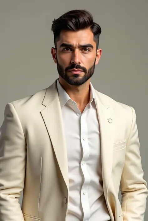 a male character, offwhite, short brown hair with a traditional cut, Brown suit, dark brown eyes, beard like glasses, broadshouldered, not very muscular, chic, at the height of 24 years, TURKISH
