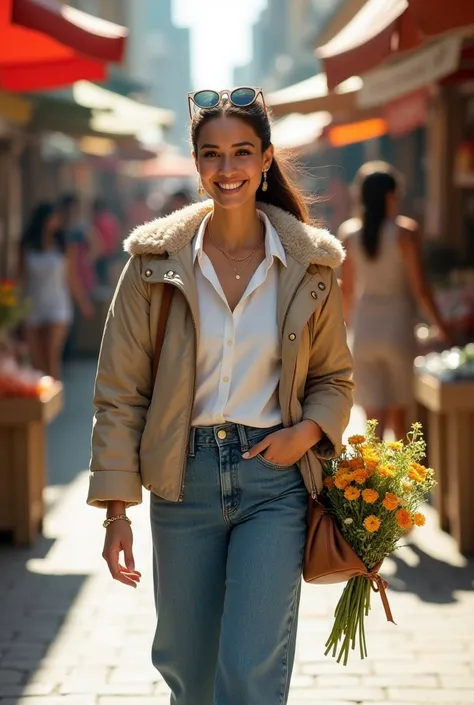 Full body beautiful white skin latin woman, 57" tall, ponytail medium brown hair, deep green eyes, wearing zip up and golden buttons beige quilted regular nylon jacket with fur hood, rolled up sleeves, zipping up jacket, white formal button down blouse up ...