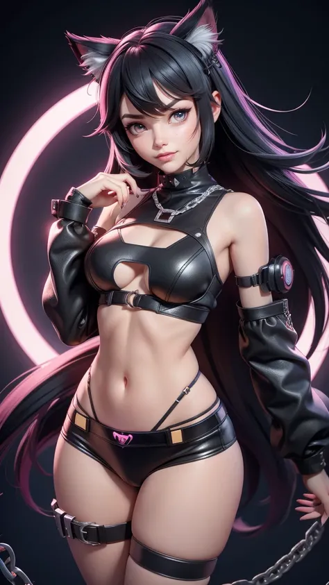 a girl in a revealing black and white underwear with a cat ears and a chain around her, seductive anime girl, showing lots of skin, skimpy underwear, cyberpunk anime girl, anime cyberpunk art, female cyberpunk anime girl, female anime character, beautiful ...