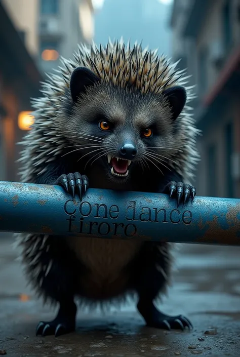 Angry black hedgehog holding a blue iron bar with the words come dance forró written on it 