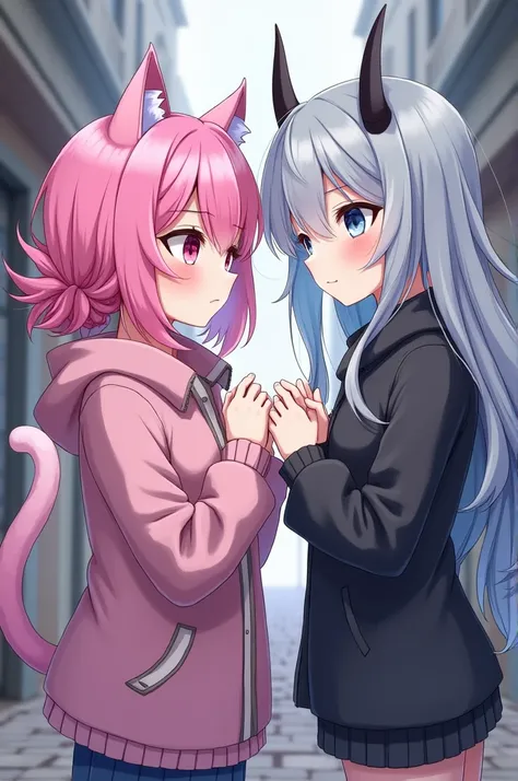 Draw two girls. The first girl has pink hair and pink eyes, has cat ears and cat tail, She has white skin, wearing a pink jacket, one braid. The second girl has grayish blue hair, black eyes, horns, long hair, and wearing a black jacket, has white skin.