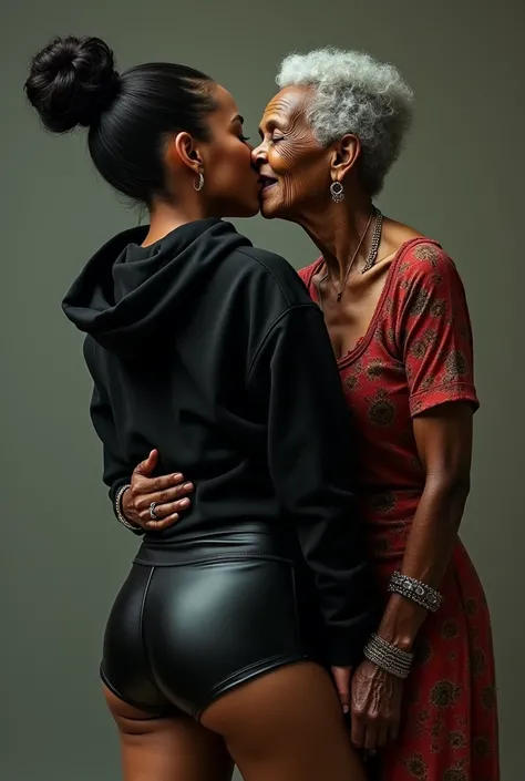 black woman hair in a bun black hoodie   black leather short shorts   a old grandma in a dress  kissing her ass behind her squeezing her butt