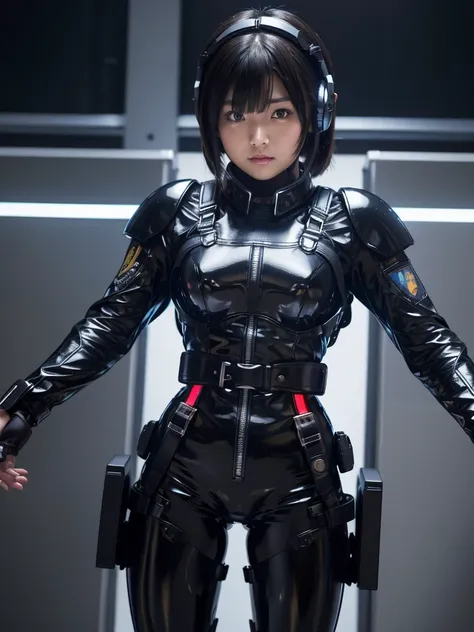 masterpiece, Highest quality, Very detailed, Japanese Android girl,Plump,Slightly thicker,Control panel,Android,cyborg,Blunt bangs,Fighter cockpit,Black combat uniform,Harness Belt,headset