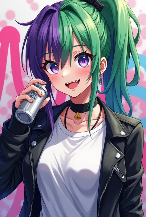 Generates a woman with green hair and eye on the left side and purple hair and eye on the right side in anime style. she wearing a White t-shirt with leather jacket and her tooth is sharp triangle shape, she is smiling exposing her tooth, punky style, long...