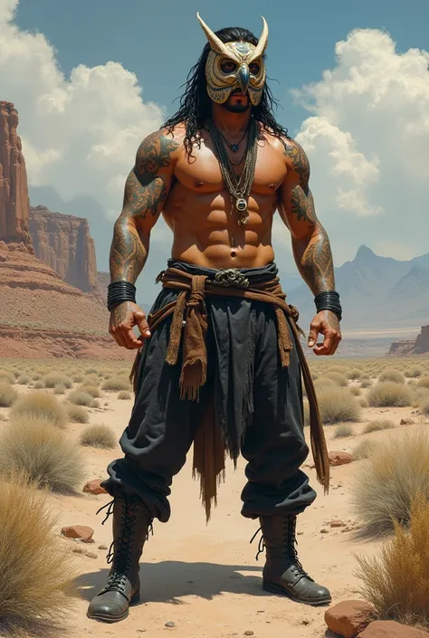 Full body profile of a muscular, tattooed American Indian man, wearing black hood and cape, detailed owl mask, attractive face, no beard, shirtless and wearing loincloth, loose black pants, high black boots and bracelets on both wrists. He is in a fighting...