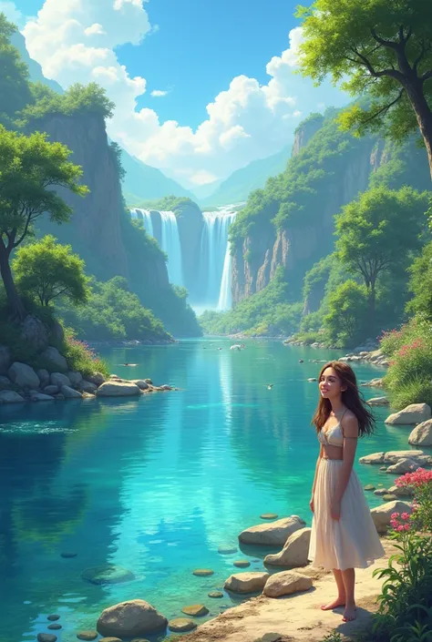 The magical lake is now full and sparkling again, with all the animals, trees, and flowers around it looking lively and happy. Rona is standing by the lake, smiling brightly, with a sense of peace and contentment on her face. The sky is clear and blue, sym...