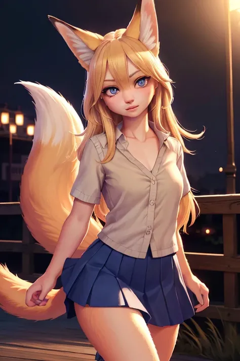 1girl, blonde hair, fox ear hair, multiple fox tails, oripathy injury, flared summer skirt, holding own tail, hairbrush, jumping excitedly, wooden pedestrian bridge, (best quality,4k,8k,highres,masterpiece:1.2),ultra-detailed,(realistic,photorealistic,phot...