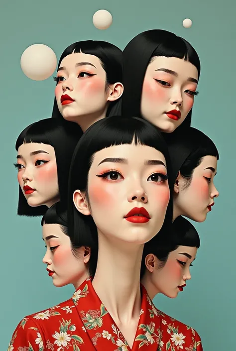 Expressionist artwork images of multiple floating heads of japanese women, 3d collage style, make it weird and gallery worthy