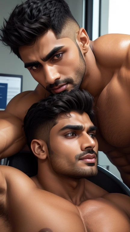 Pehlwan man Indian Gurjar gay couple sucking chest and licking chest with big shinning eyes big lips wide jawline beautiful hunk face spiky black hairstyle, seductive chest sucking in office 