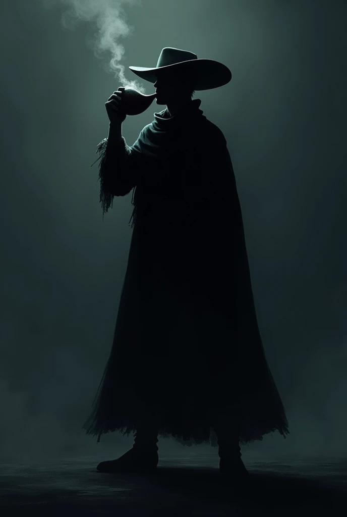 Animated gaucho character, all dark covered in shadow, taking a mate 