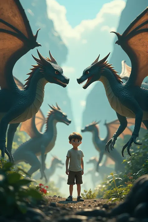 A background with a boy named Didier in the center, surrounded by dragons as if they were their protectors in 4k