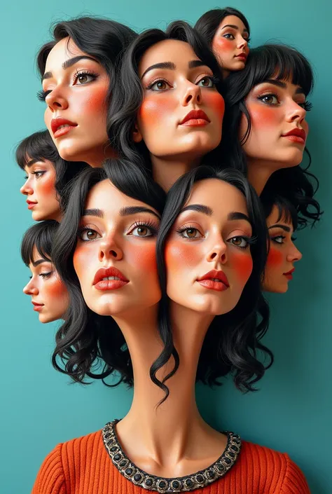 Expressionist artwork images of multiple floating heads of hispanic women, 3d collage style, make it weird and gallery worthy