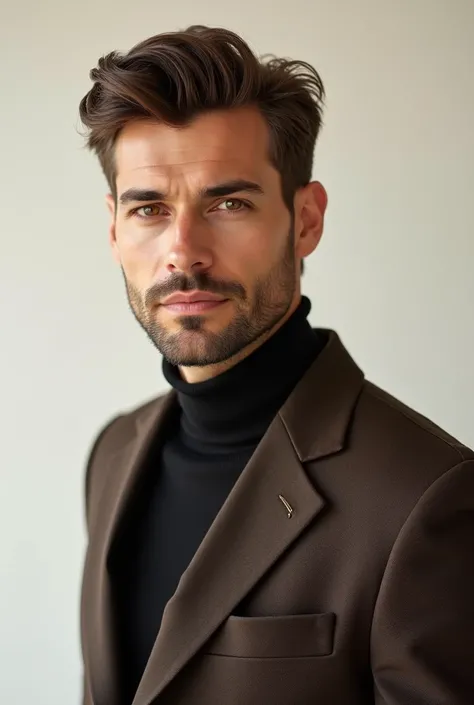 a male character, offwhite, short brown hair with a traditional cut, Brown suit, dark brown eyes, beard like glasses, broadshouldered, not very muscular, chic, at the height of 24 years, realisitic, American
