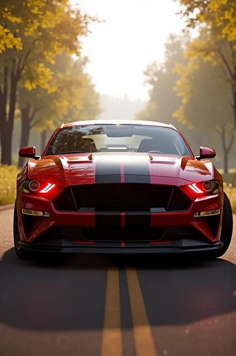 Generates an image of a Mustang in Forza Horizon 5 from the front with red headlights and it looks intimidating 