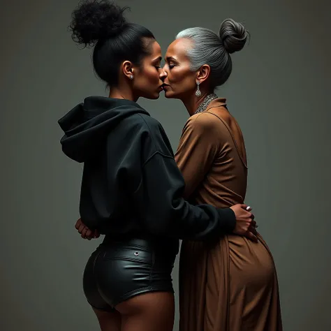 black woman hair in a bun black hoodie   black leather short shorts   a old grandma in a dress  kissing her ass behind her squeezing her butt