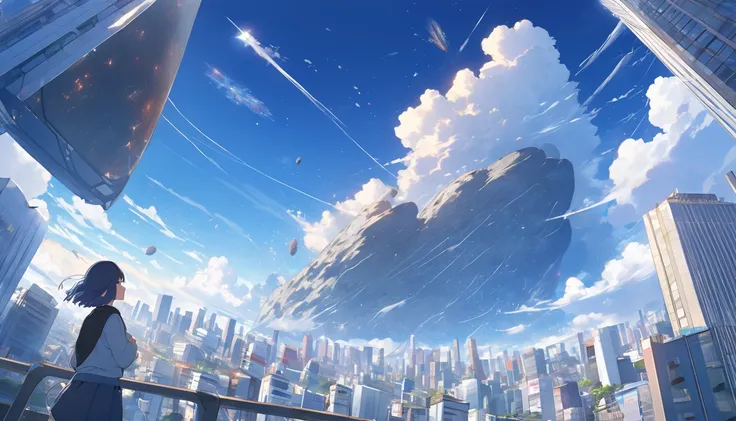 High definition、high resolution、Masterpiece、Looking up at the Tokyo sky、Person looking down々、blue sky、City、City、Buildings、Giant meteorites、meteorite falling、Makoto Shinkai style、Your name is Wind