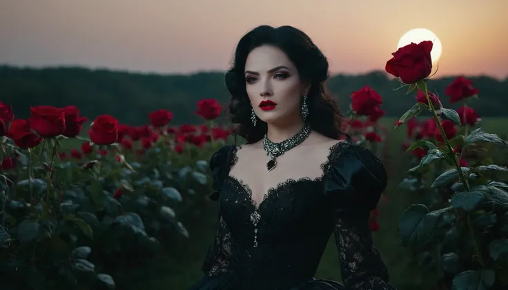 action film, elegant pose,The Lady of Shadows, a beautiful female, grandes olhos negros, mournful look, scarlet lips, pale skin, long black  hair, fluttering in the wind, dark dress with lace in baroque style, elegant white gloves on the hands, elegant jew...