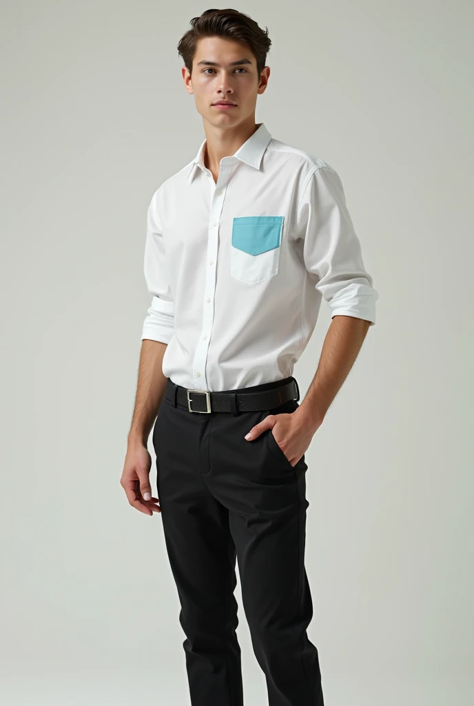 Young man wearing a white 3-quarter sleeve Columbia-style shirt with turquoise blue detail on the pocket, shirt tucked into pants, black pants , black booties, black leather belt
