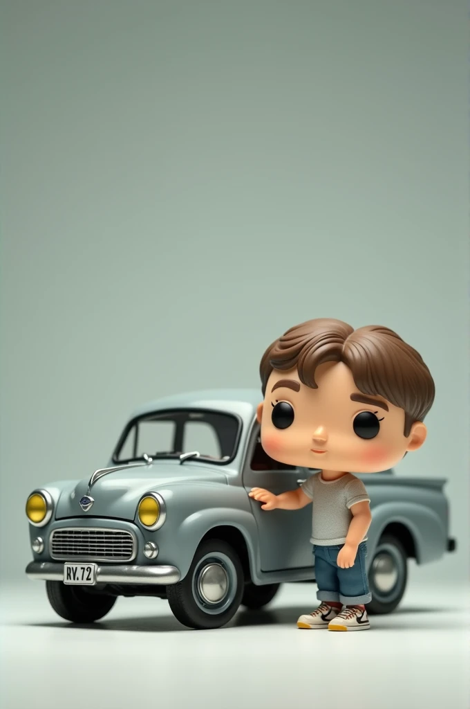 Create a funko pop of a young boy and a gray Ford Kuga 2012 car comes out