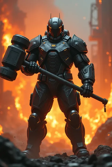 A man in a fireproof suit with a giant hammer 
