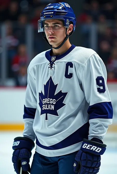 Gregg Sulkin dressed as an ice hockey player