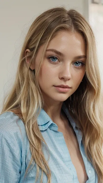 bare woman , long wavy blonde hair, pastel blue eyes,