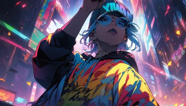 masterpiece, Highest quality, Highly detailed CG Unity 8K wallpapers, This illustration is based on a rapper and its really cool. that&#39;big, Sharp eyes and a knitted hat covering the face. Wear a hood over a knit hat. Wear pants. She is wearing black hi...