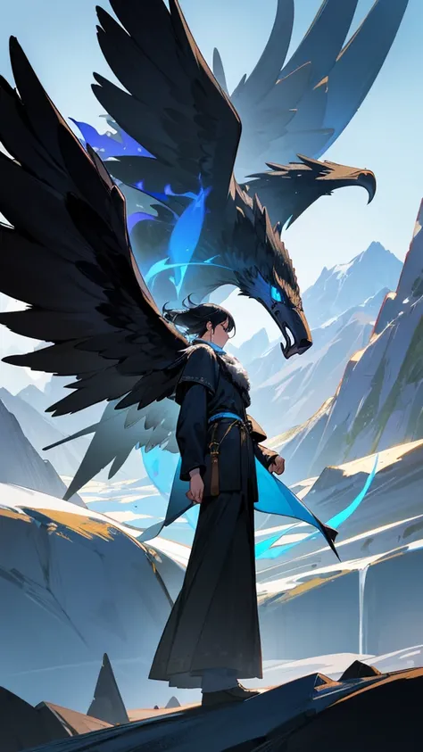 Giant eagle, has black fur with a blue aura, standing among the mountains with a human in front of him 