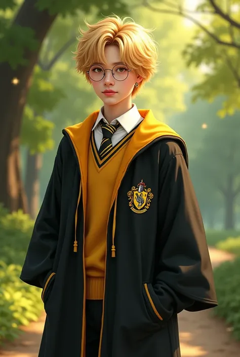 blonde  park jimin with honey colored eyes in hufflepuff uniform