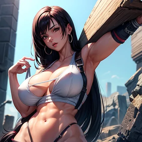 A woman with a large penis growing out of her crotch　Tifa Lockhart　A lot of semen on the chest 　Large Breasts