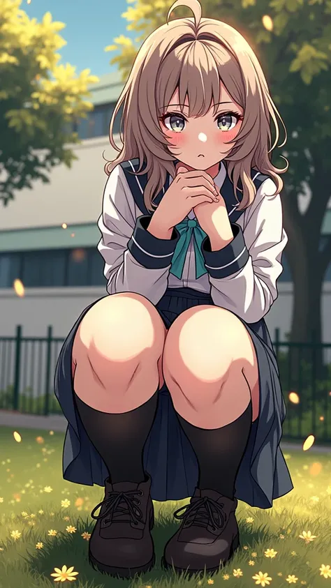 Long haired anime girl sitting on the floor , a Surreal , Beautiful anime girl crouching, Surreal , Gwaiz, (software) Safe at Work, , Anime girl crouching, artwork in the style of Gwaiz, Ilya Kuvshinov. 4k yen, Enchanting anime girl,(Hands on hips),(Put yo...