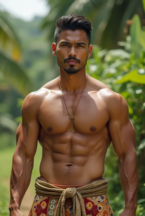 A handsome muscular man standing at summer background, wearing a Filipino Barong with a background text of "MARK"