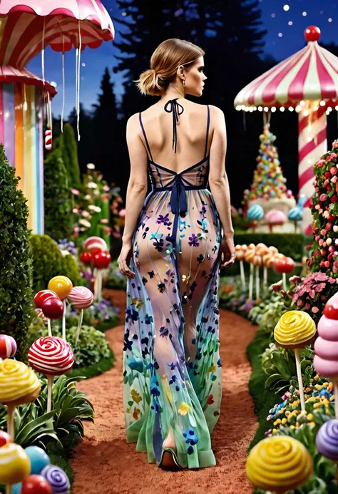 Kate Mara (sheer colorful gown, no underwear), she is strolling through a candy land garden in full bloom on a moonlit night, sultry poses, mainly viewed from behind