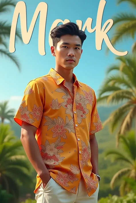 A handsome korean man standing at summer background, wearing a Filipino Barong with a background text of "MARK"