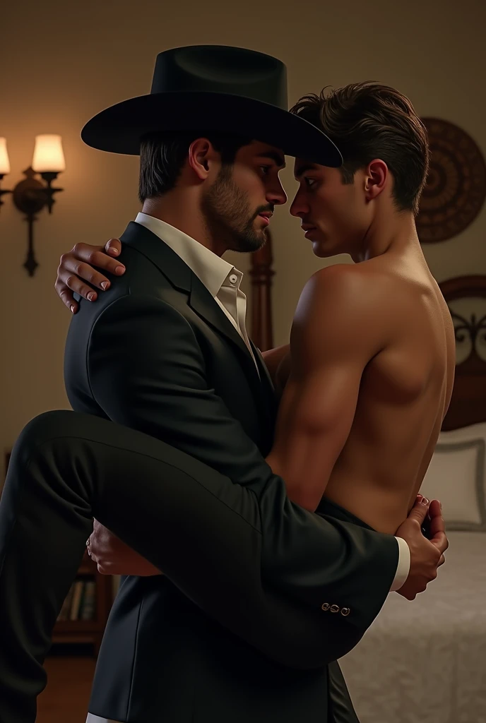 A handsome man in a black cowboy hat and suit carries a cute, handsome young man shirtless to his bed 