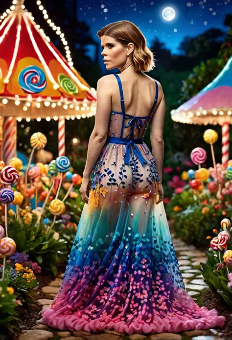 a detailed photo of Kate Mara in a sheer colorful gown without underwear, strolling through a candy land garden in full bloom on a moonlit night, sultry poses, mainly viewed from behind, best quality,4k,8k,highres,masterpiece:1.2,ultra-detailed,realistic,p...