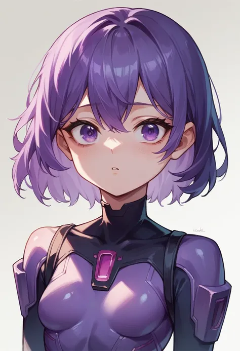 (masterpiece), best quality, expressive eyes, perfect face, small breasts, purple hair, purple eyes, purple pilot suit 