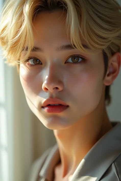 realistic image of park jimin from bts group blond with honey brown eyes