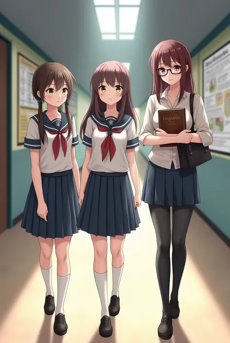 2 beautiful girls in school uniforms, a woman carrying a book, they are in the corridor