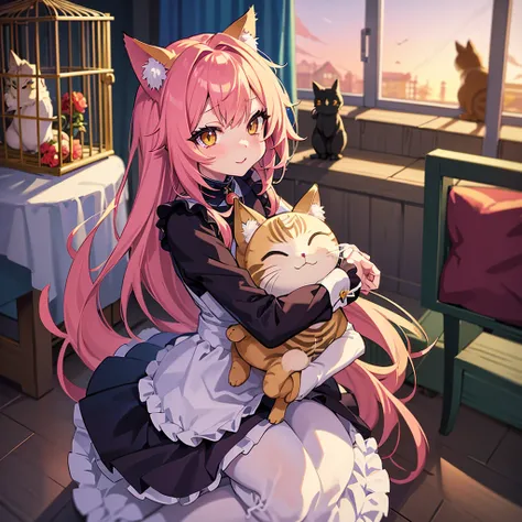 Anime Girl with a bird cage and a cat in her arms, Animation by Shitao, pixiv, Furry Art, very beautiful anime cat girl, beautiful anime catgirl, Fox Girl, Anime cat girl in maid costume, Cute anime catgirl, (Anime Girl), Cute anime, with kitsune mask, pix...