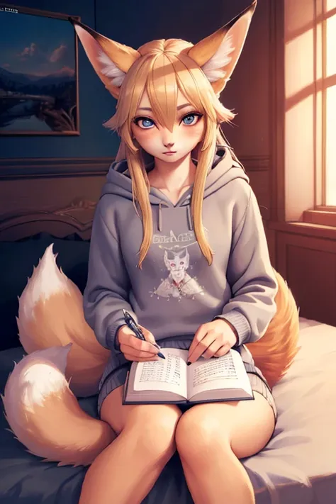 1 girl, blonde hair, animal ear hair, fox girl, multiple fox tails, oripathy injury, gray sweatshirt set, holding own tail, diar...