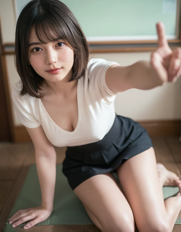 alone、natural body shape、white skin、natural makeup、black hair、bangs、medium short hair、japanese high school uniform、(expensive  、...