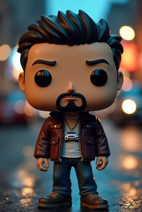 Create a funko pop of a 2 boy with a goatee and a bit of a mustache with a necklace that shows a 2013 Ford Kuga and a street at night in the background 
