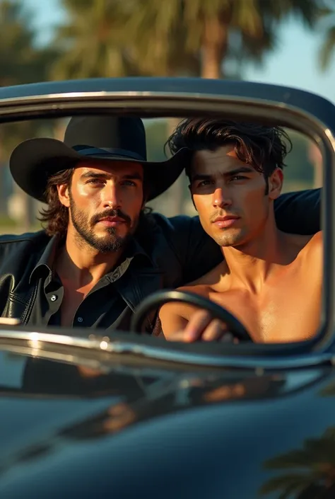 A handsome man with a hat and a black cowboy outfit riding in a car with a cute handsome young man without a shirt 