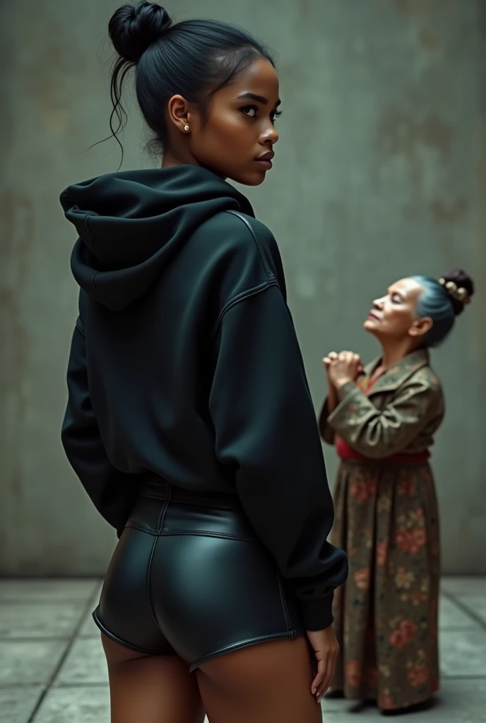 black woman hair in a bun black hoodie   black leather short shorts   a old grandma in a dress on her knees kissing her ass behind her
