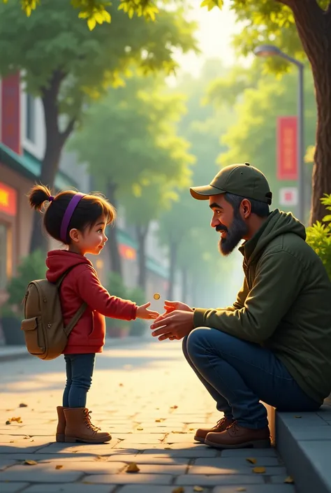 Image of a child on the street outside a park giving a coin to a homeless man