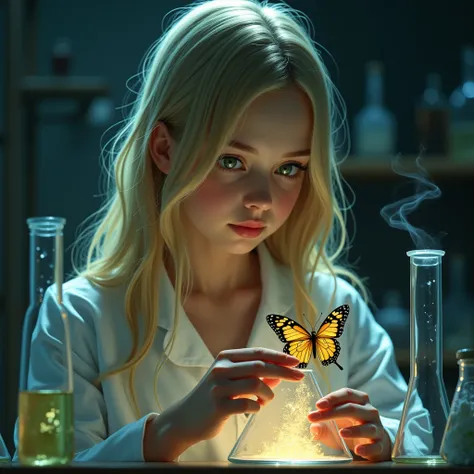 Strong backlighting makes the hair transparent, and there are many rays of light and lens flares., A science student making butterfly specimens in the laboratory, Maximum facial details, Maximum detailed textures, Maximum detailed shadows, Maximum detailed...