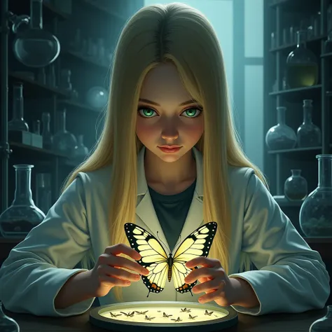 Strong backlighting makes the hair transparent, and there are many rays of light and lens flares., A science student making butterfly specimens in the laboratory, Maximum facial details, Maximum detailed textures, Maximum detailed shadows, Maximum detailed...